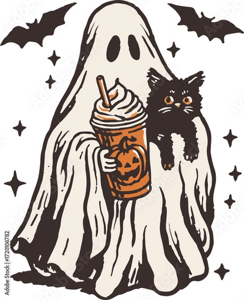 Fototapeta Adorable ghost holding pumpkin spice drink and black cat with bats and stars, cute Halloween illustration
