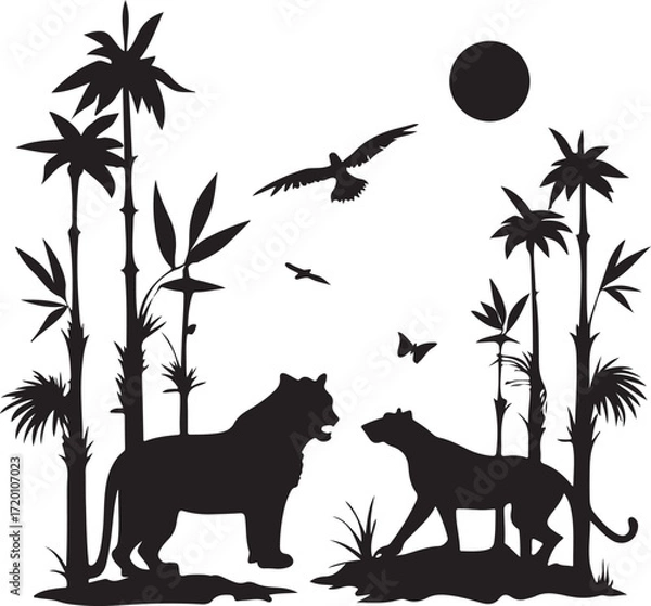 Fototapeta Silhouette of two big cats in a jungle with bamboo and birds
