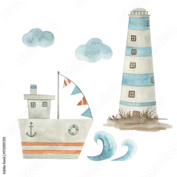 Fototapeta Watercolor set with ship, wave, lighthouse. Hand drawn isolated  illustration on white background