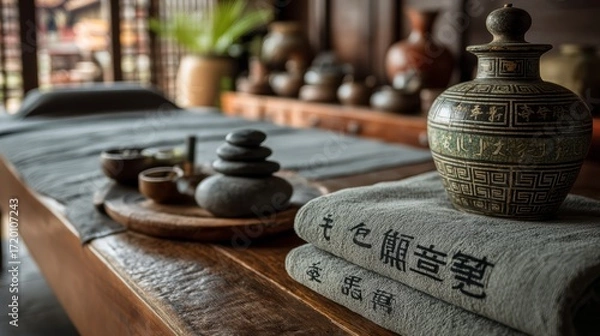 Fototapeta Tranquil Spa Setting for Body Massage with Natural Elements and Calming Decor