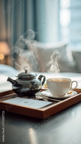Fototapeta Elegant still life featuring a steaming tea service arranged on a tray within a cozy hotel room setting. Perfect for conveying relaxation, comfort, and hospitality ambiance in lifestyle and