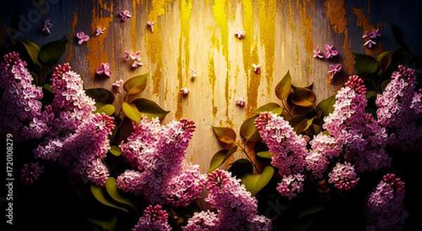 Fototapeta Abundant clusters of soft pink lilac flowers cascade down a textured wall adorned with golden accents and scattered petals