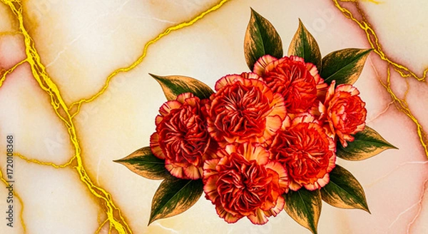 Fototapeta A lush bouquet of vibrant red carnations with rich green leaves, set against a creamy marble background with bold golden veins, creating a luxurious and harmonious floral composition.