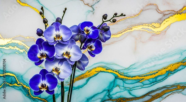 Fototapeta A stunning arrangement of purple and blue orchids, complete with buds, displayed against a sophisticated marbled background accented with gold.