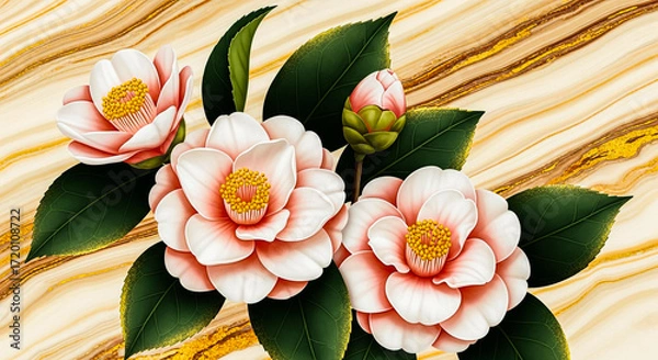 Fototapeta A close-up view of blooming camellia flowers in soft pink and white hues, set against a luxurious marbled backdrop with elegant gold accents.