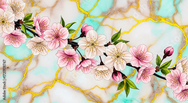 Fototapeta A graceful branch adorned with numerous soft pink and white cherry blossoms, artfully arranged against a stylish light blue and gold marbled backdrop.