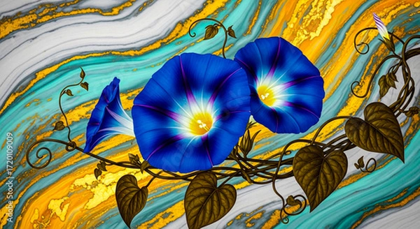 Fototapeta Two bright blue morning glory flowers are in full bloom, with a third bud, surrounded by green leaves and vines, set against a dynamic marbled background.