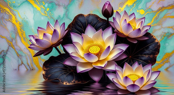 Fototapeta A tranquil scene featuring several purple and white lotus flowers and a bud floating on water, with dark leaves and a marbled background with gold details.