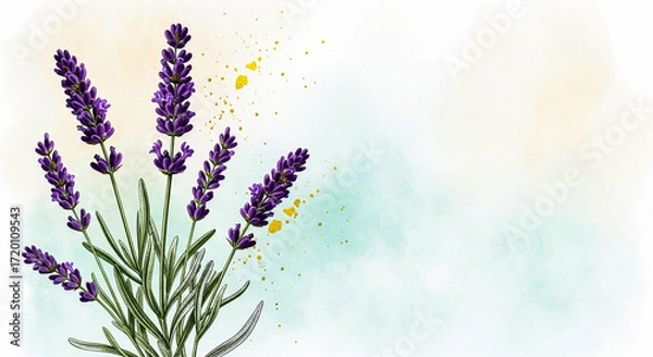Fototapeta A watercolor painting of lavender flowers with artistic splatters, creating a light and serene atmosphere on a pale background.