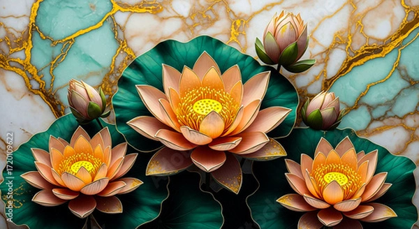 Fototapeta A beautiful composition of pink lotus flowers and buds with lush green leaves, set against an elegant marbled background with gold and teal accents.