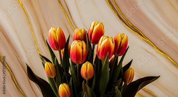 Fototapeta A close-up of a bouquet of vibrant orange and pink tulips with green leaves, set against a soft, marbled background with delicate golden lines.