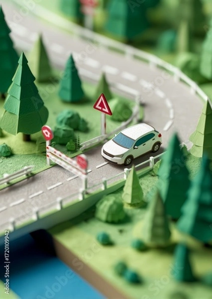 Fototapeta Paper Art Representation of Car on Road with Safety Signage and Scenic Nature Elements