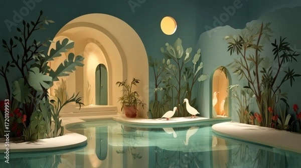 Fototapeta Tranquil Spa Setting with Water Feature and Decorative Greenery Elements