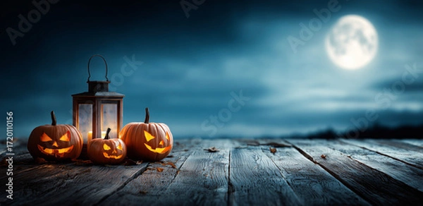 Fototapeta Carved Orange Pumpkins and Brown Metal Lanterns with Candlelight on Weathered Wooden Surface under Bright Full Moon and Starry Sky