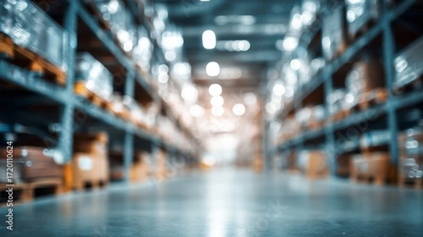 Fototapeta An abstract depiction of a warehouse interior with blurred shelves and pallets, representing logistics, distribution, and inventory management, emphasizing the organization and flow within a busy