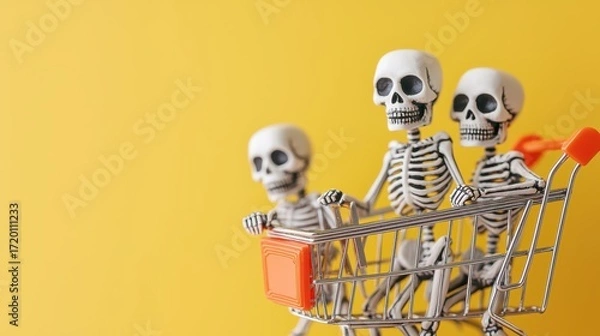 Fototapeta Three skeletons joyfully ride in a shopping cart against a bright yellow background, creating a whimsical and fun atmosphere.