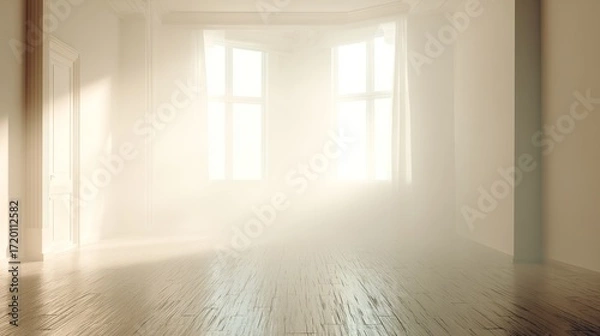 Fototapeta A bright, sunlit empty room featuring a wooden floor and large windows, creating an ideal interior mockup space suitable for design projects, photography backdrops, or conceptual layouts with ample