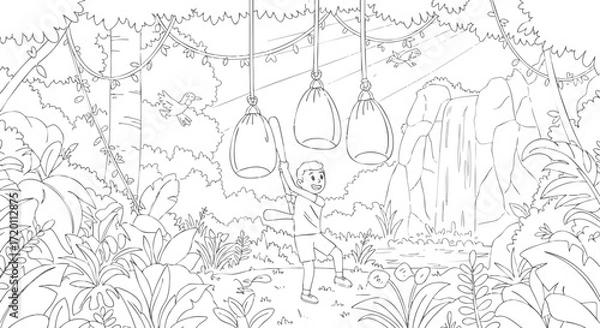 Fototapeta Jungle Boy and Hanging Sack Race Coloring Page