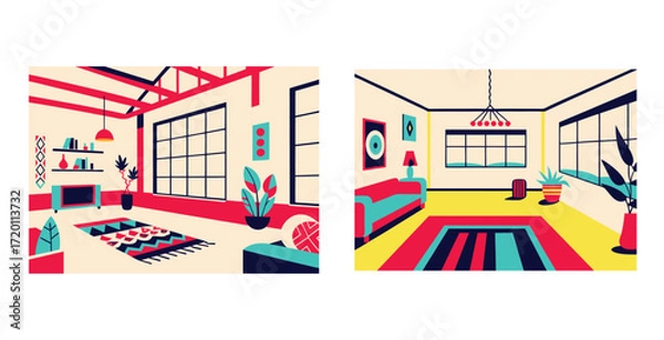 Obraz Spacious loft interior blending global cultural influences with modern minimalist design vector art design