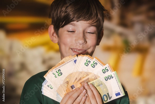 Fototapeta Smiling boy proudly holding a fan of euro banknotes in 20, 50, and 100 denominations, symbolizing wealth, savings, finance, and prosperity.