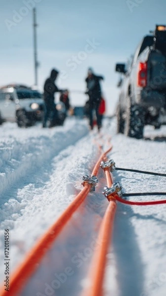 Fototapeta In a cold winter setting with snow-covered surroundings, recovery straps are displayed ready for use, demonstrating preparedness for vehicle towing and rescue efforts in harsh, icy winter landscapes.