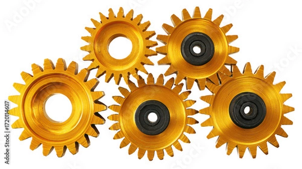Obraz Golden gears interlocking arrangement on transparent png background