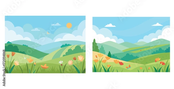 Obraz Wide open meadow bathed in gentle sunlight filled with wildflowers and soft grasses vector art design
