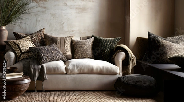 Fototapeta Creative interior concept. Rustic warm living room with cozy sofa couch, blanket, distressed cushion, worn ceramic pottery vase, carpet, soft lighting. Template for product presentation. Mock up