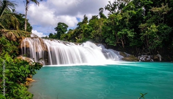 Fototapeta Powerful waterfall cascades into turquoise pool surrounded by lush greenery, creating serene and vibrant natural scene