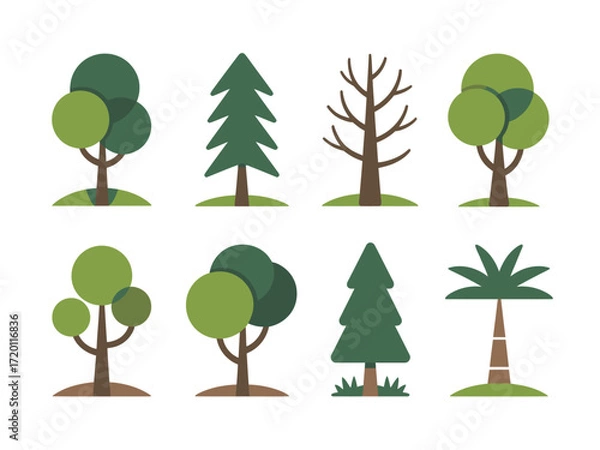 Fototapeta Collection of Eight Flat Design Tree Icons.
