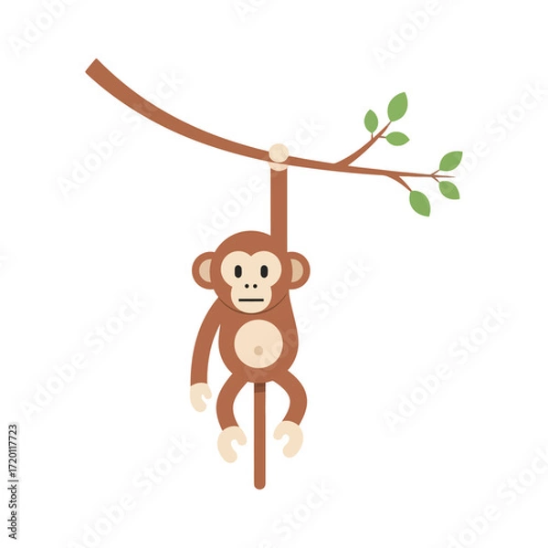 Fototapeta Playful cartoon monkey character hanging from a tree branch. A cute and simple flat design concept for wildlife and nature illustration