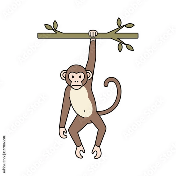 Fototapeta Cute Cartoon Monkey Hanging From a Branch Illustration of a Playful Primates