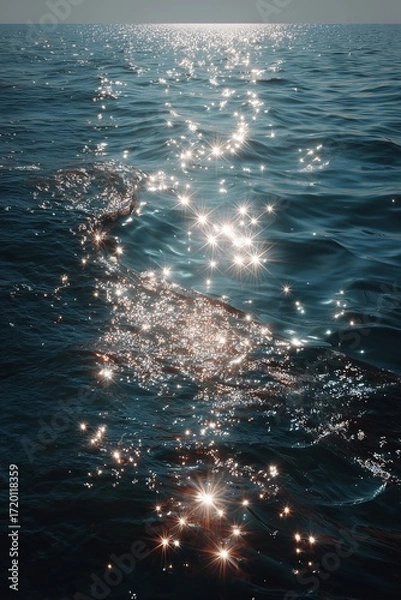 Fototapeta Glistening sunlight reflecting on calm ocean waves, creating a serene and tranquil atmosphere.