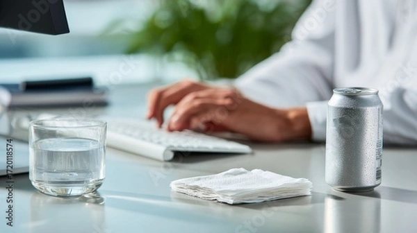 Fototapeta Stay refreshed and maintain optimal hydration while working at your computer with these easy-to-follow tips. Proper hydration boosts focus, keeps energy levels high, and prevents fatigue during long