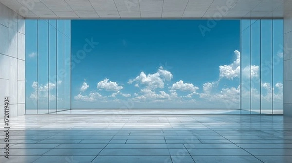 Fototapeta Modern interior with glass walls showcasing a stunning view of blue sky and clouds.