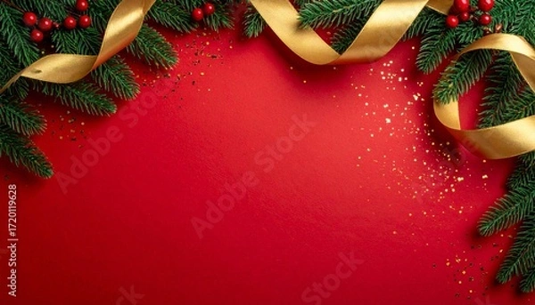 Fototapeta Festive red background with fir branches, gold ribbon, and glitter evokes holiday cheer