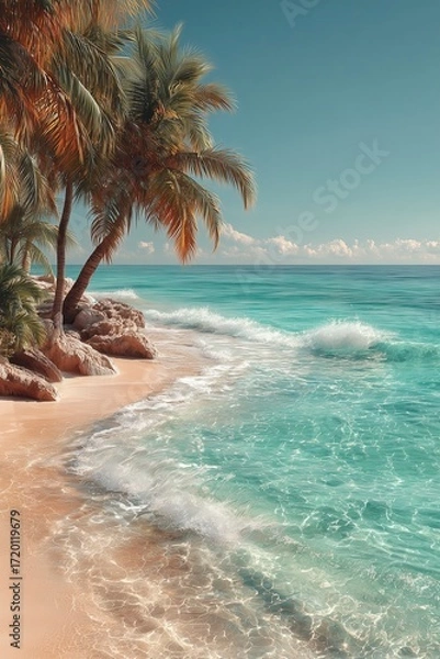 Fototapeta Serene beach scene with palm trees and clear blue water under a sunny sky.