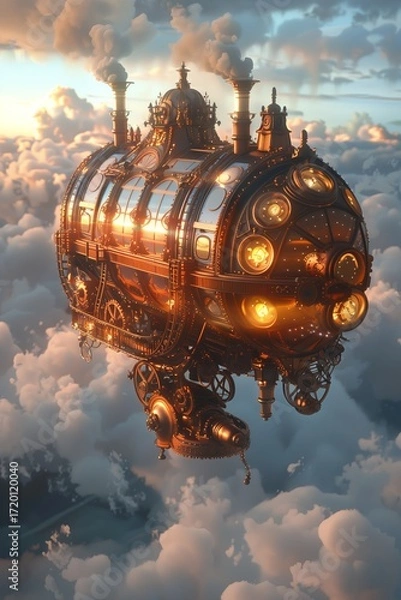 Fototapeta Steampunk airship soaring through clouds at sunset, showcasing intricate design and beauty.