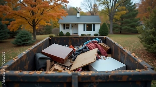 Fototapeta Autumnal scene featuring a residential home with a filled dumpster in the foreground amidst colorful fall foliage