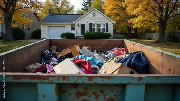 Fototapeta Residential dumpster overflowing with household debris and discarded items sits in front of a suburban home during autumn