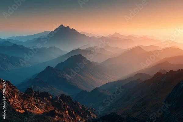 Fototapeta Stunning mountain range at sunset with serene layers and calming hues of nature.