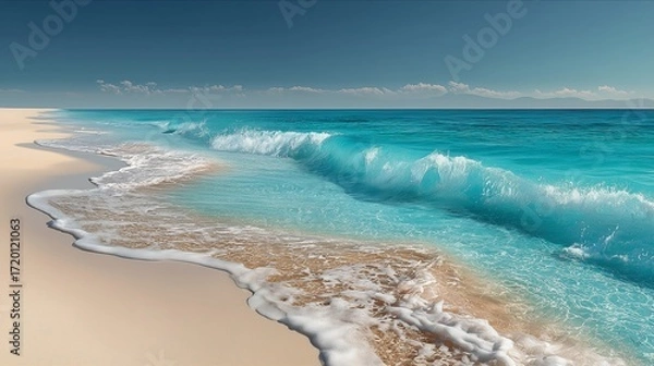Fototapeta Tranquil beach scene with turquoise waves lapping against golden sands under a clear sky.