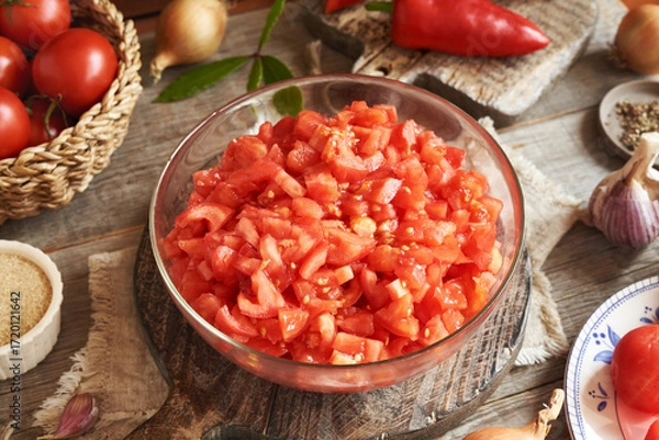 Fototapeta Peeled and chopped tomatoes - preparation of homemade tomato relish (ajvar-style vegetable spread, chutney or bruschetta topping)