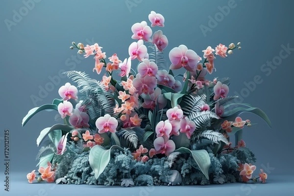 Fototapeta Vibrant arrangement of blooming orchids on a soft blue background.