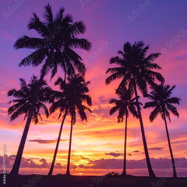 Fototapeta Silhouetted palm trees at sunset