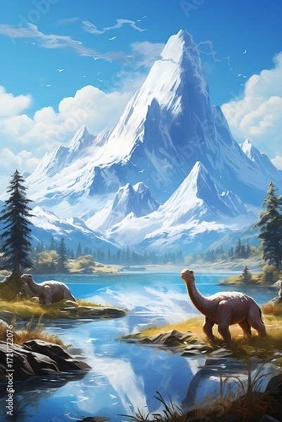 Fototapeta Vivid scene of dinosaurs near a serene lake with a majestic mountain backdrop.