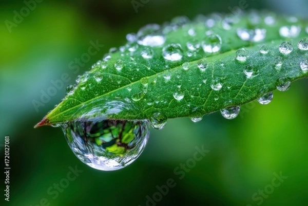 Obraz Closeup Green Leaf Covered Dewdrops Reflecting Greenery