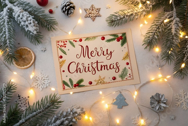 Fototapeta Cozy Christmas Card: Capturing the heartwarming essence of the season, this photorealistic Christmas card is surrounded by festive garlands, pinecones, and soft, glowing lights.