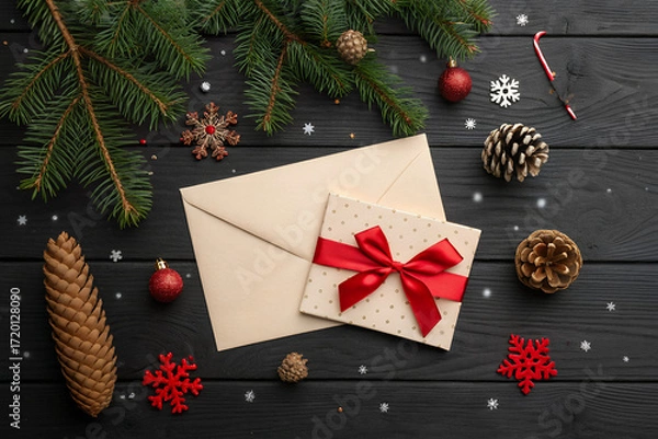 Fototapeta Holiday Cheer Composition: This captivating high-angle shot features a Christmas-themed composition, showcasing an envelope and gift nestled amidst seasonal decorations. The shot.