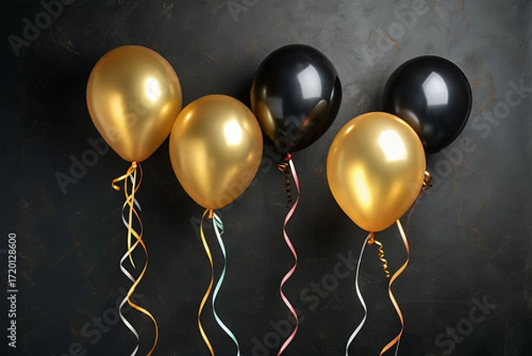 Fototapeta Golden and Black Balloons: Five elegant balloons, in shimmering gold and classic black, float serenely against a dark, textured backdrop. The scene evokes a sense of celebration, luxury.
